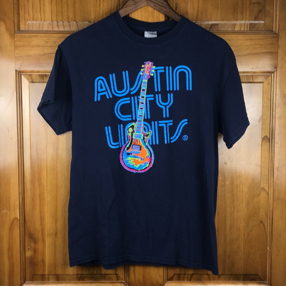 Austin City Limits Graphic T-Shirt Mens M Indie Navy Blue Neon Guitar ACL Music